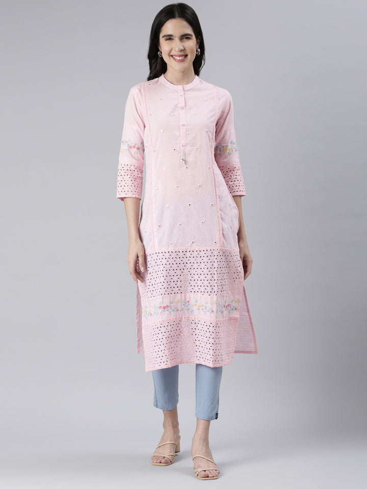 Neerus Pink cotton solid straight kurta - front view