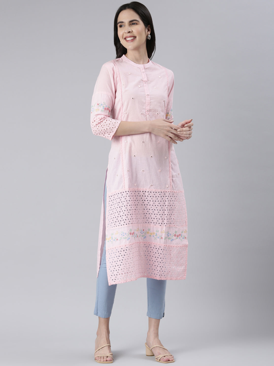 Neerus Pink cotton solid straight kurta - back view