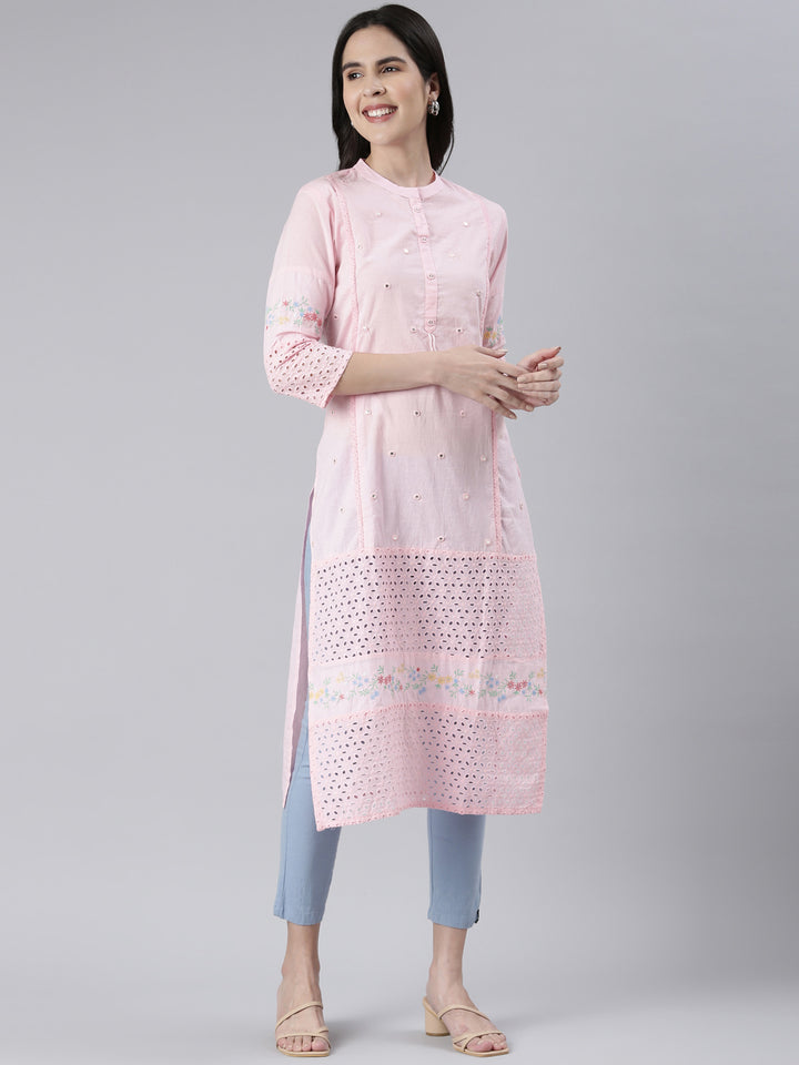 Neerus Pink cotton solid straight kurta - back view