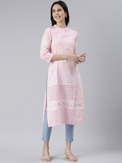 Neerus Rose Pink Straight Solid Cotton Kurtas