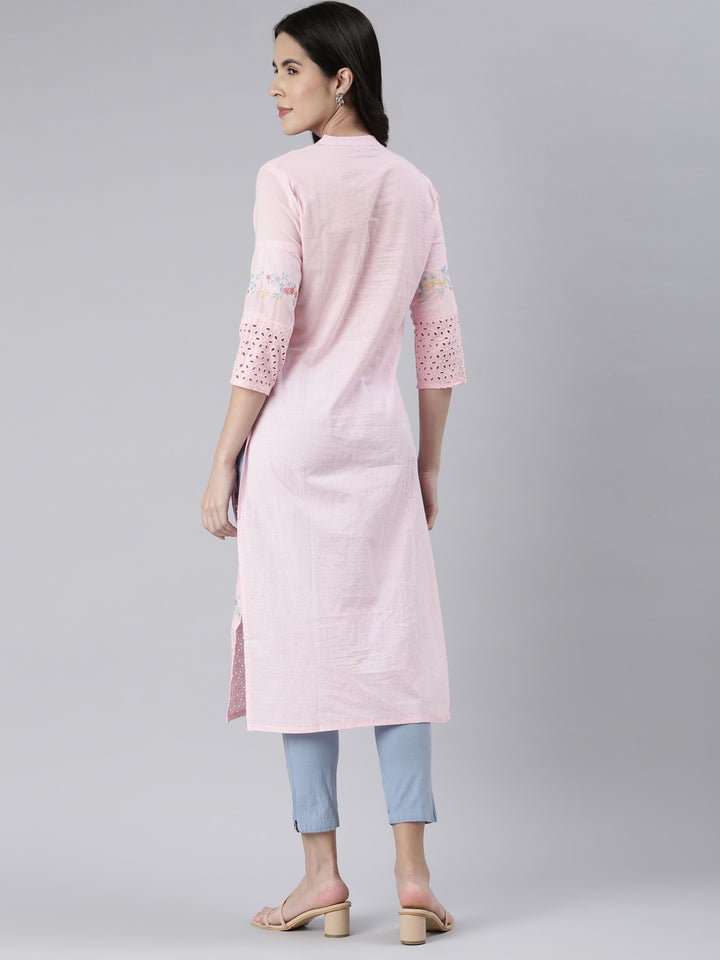 Neerus Pink cotton solid straight kurta - side view