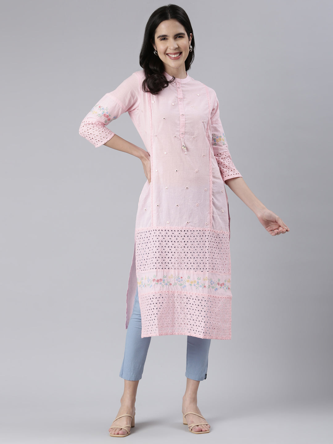 Neerus Pink cotton solid straight kurta - detail view 2
