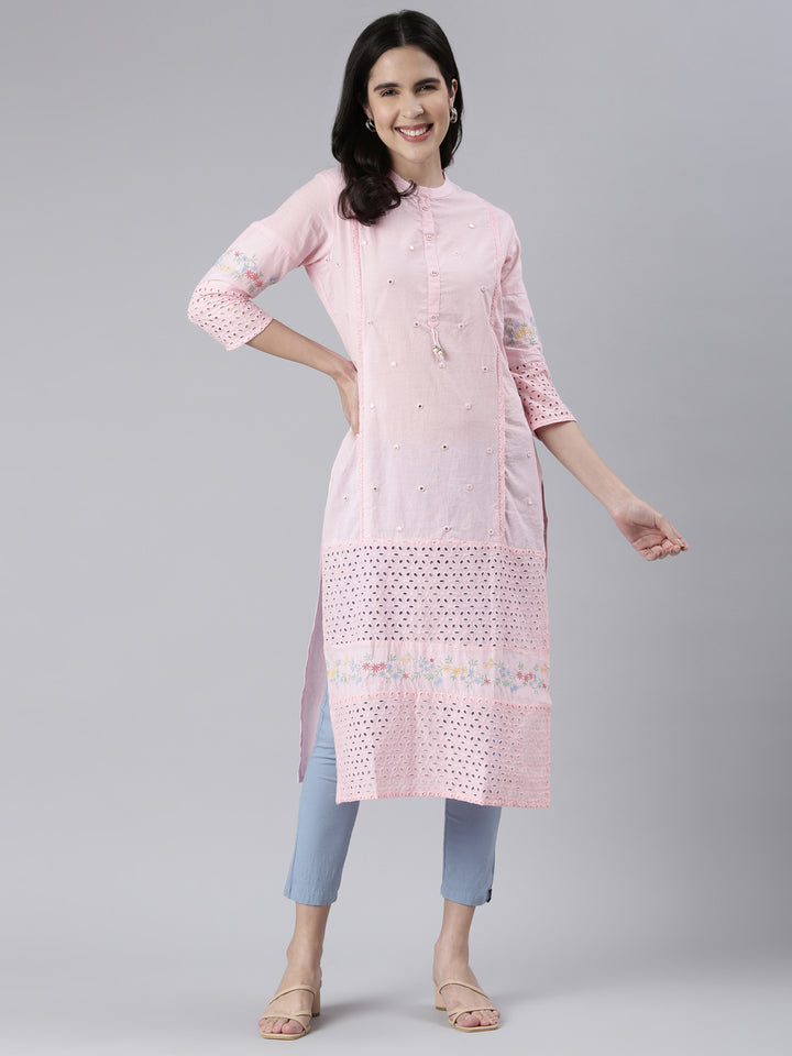 Neerus Pink cotton solid straight kurta - detail view 2