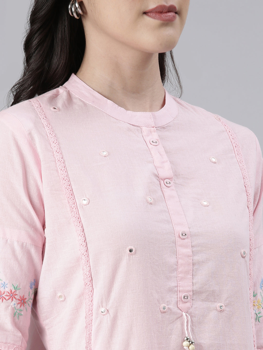 Neerus Pink cotton solid straight kurta - detail view 1