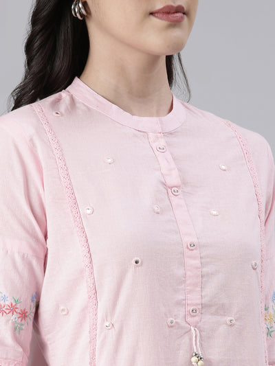 Neerus Rose Pink Straight Solid Cotton Kurtas