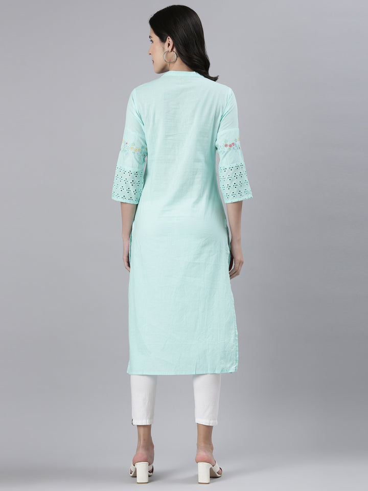 Neerus Green cotton solid straight kurta - side view