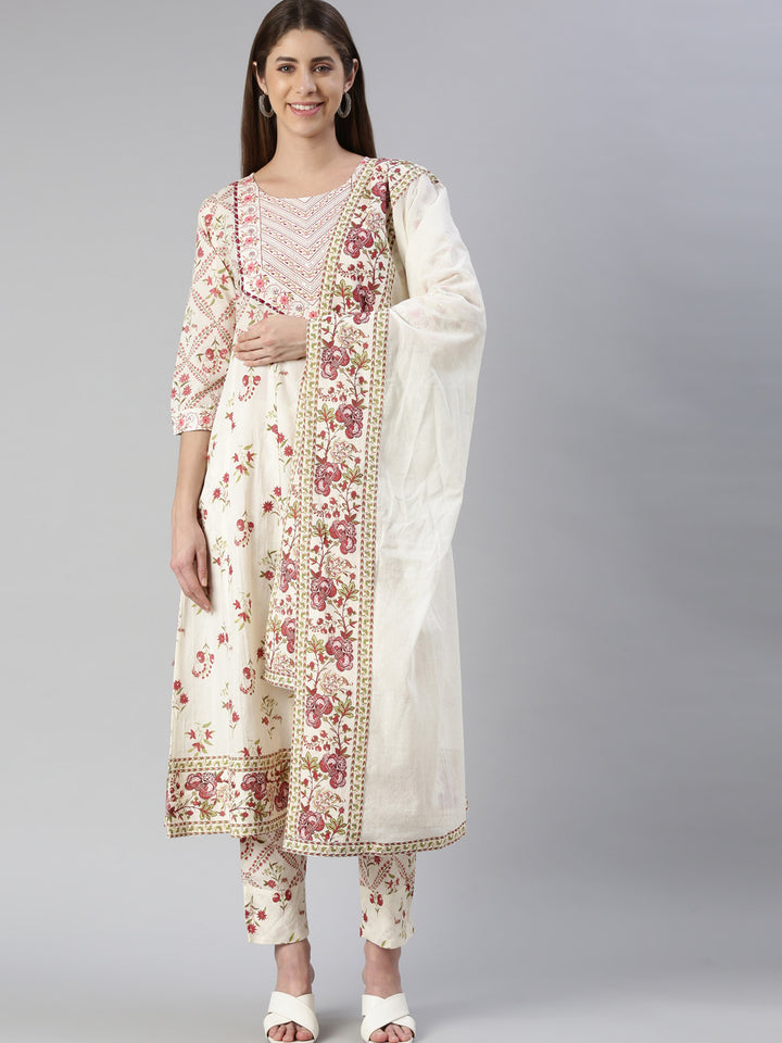 Neerus Pink printed straight suit set with dupatta - front view