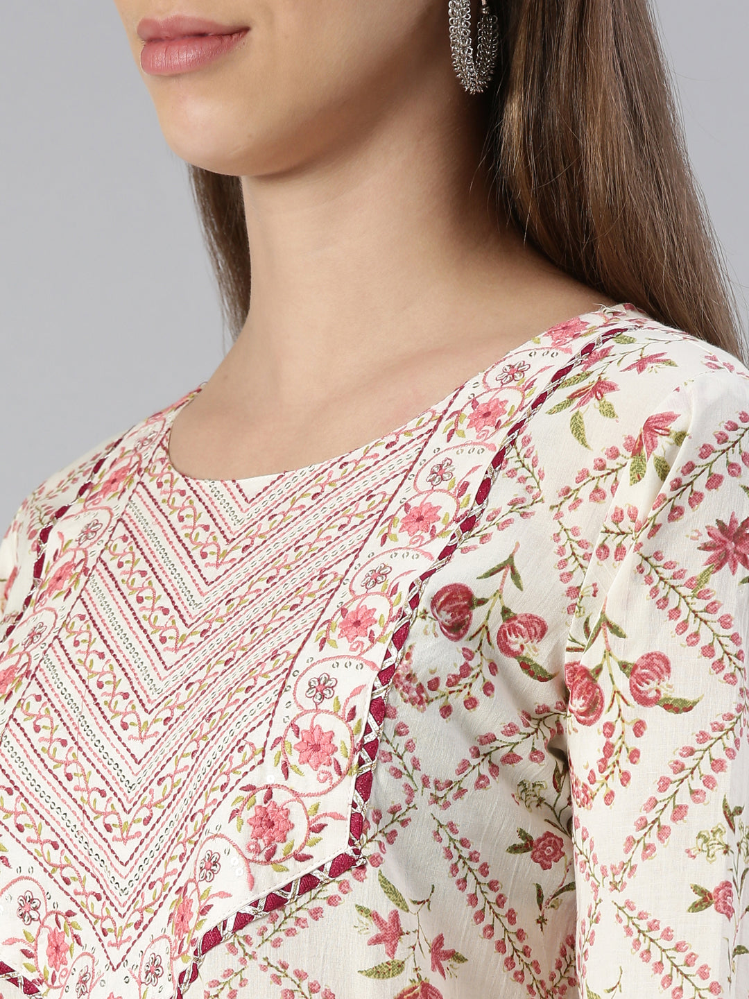 Neerus Pink printed straight suit set with dupatta - detail view 1