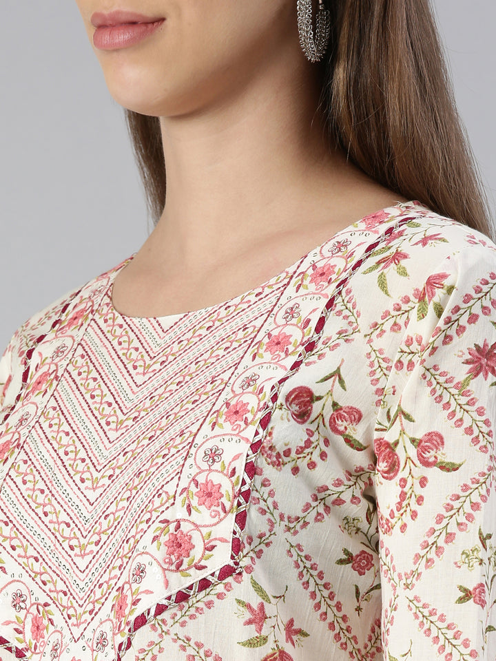 Neerus Pink printed straight suit set with dupatta - detail view 1