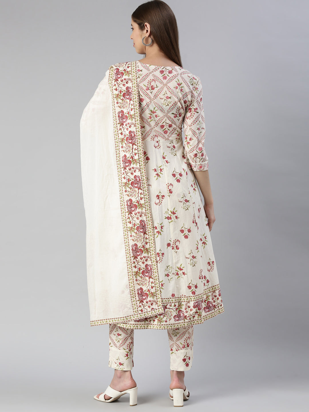 Neerus Pink printed straight suit set with dupatta - side view