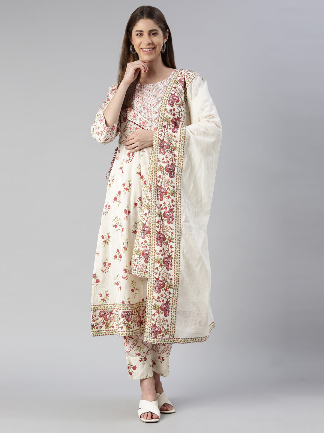 Neerus Pink printed straight suit set with dupatta - detail view 2