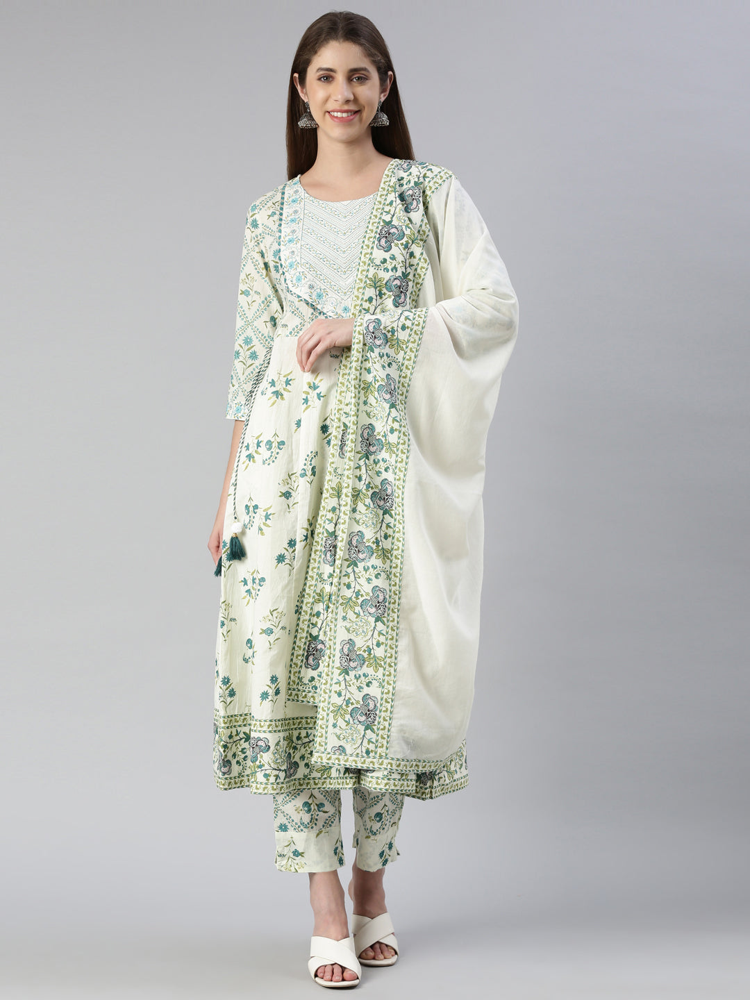 Neerus Green printed straight suit set with dupatta - front view