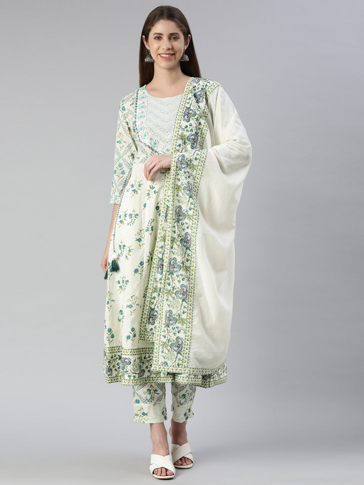 Neerus Green printed straight suit set with dupatta - front view