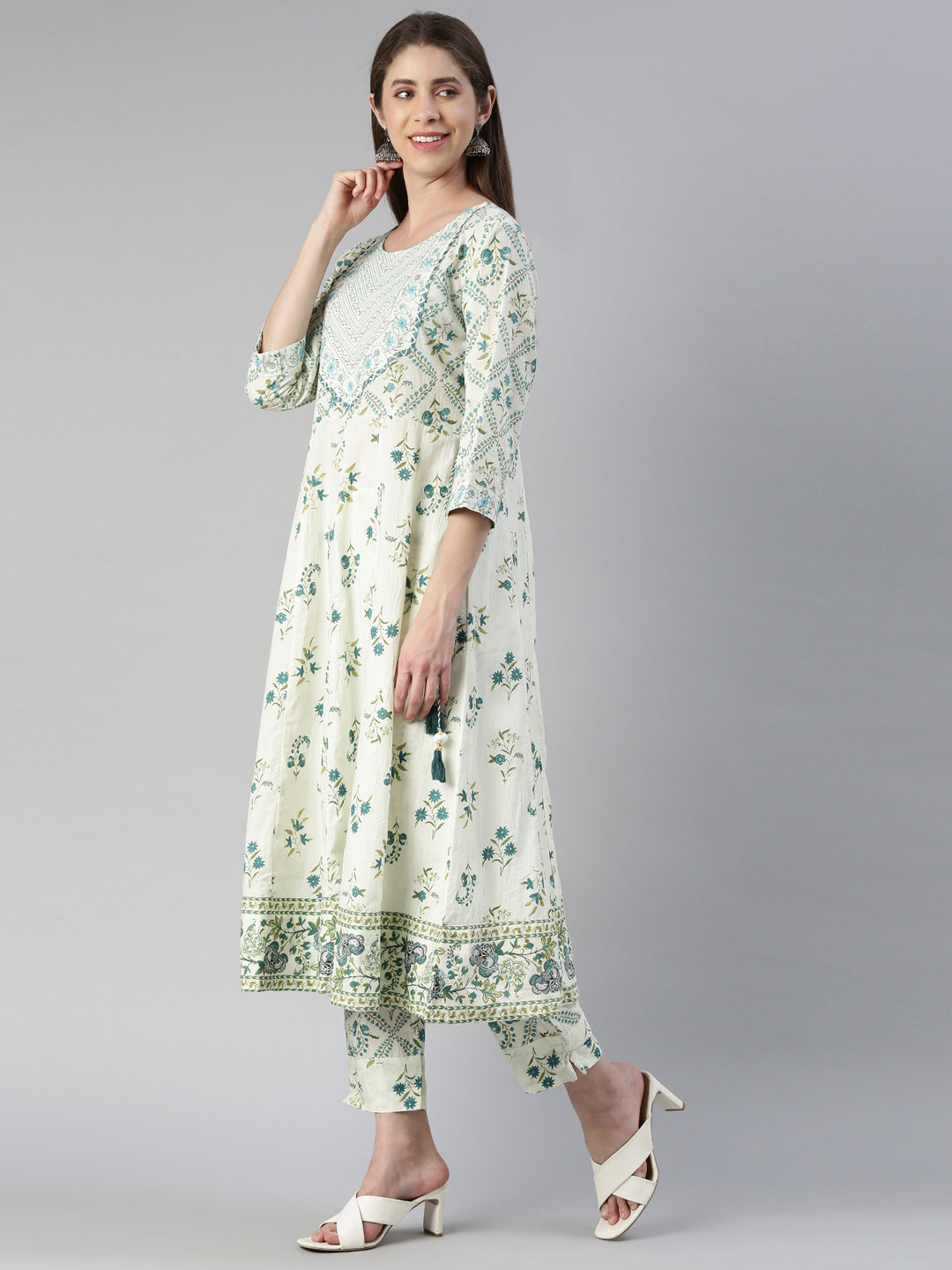 Neerus Green printed straight suit set with dupatta - back view