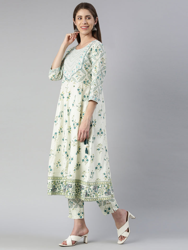Neerus Green printed straight suit set with dupatta - back view
