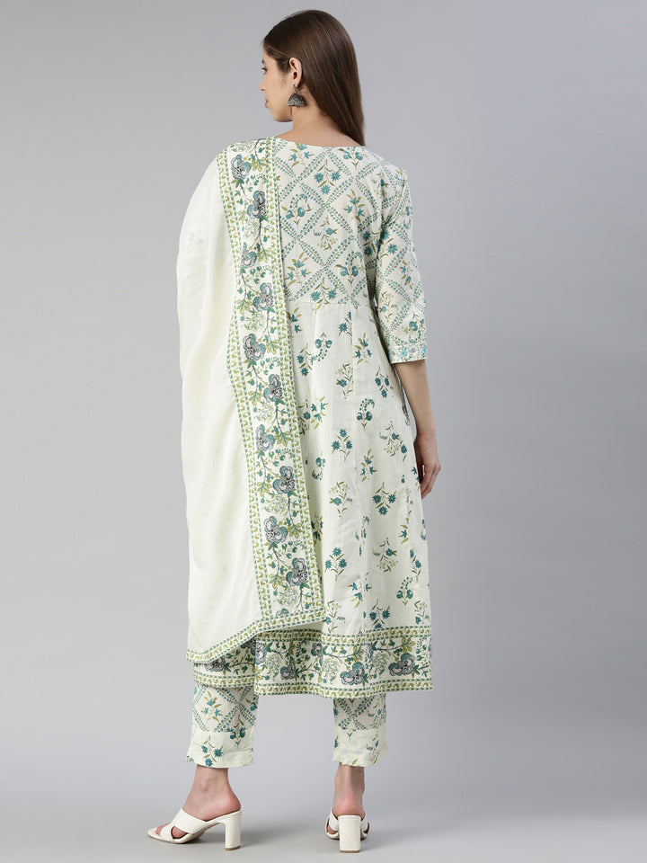 Neerus Green printed straight suit set with dupatta - side view