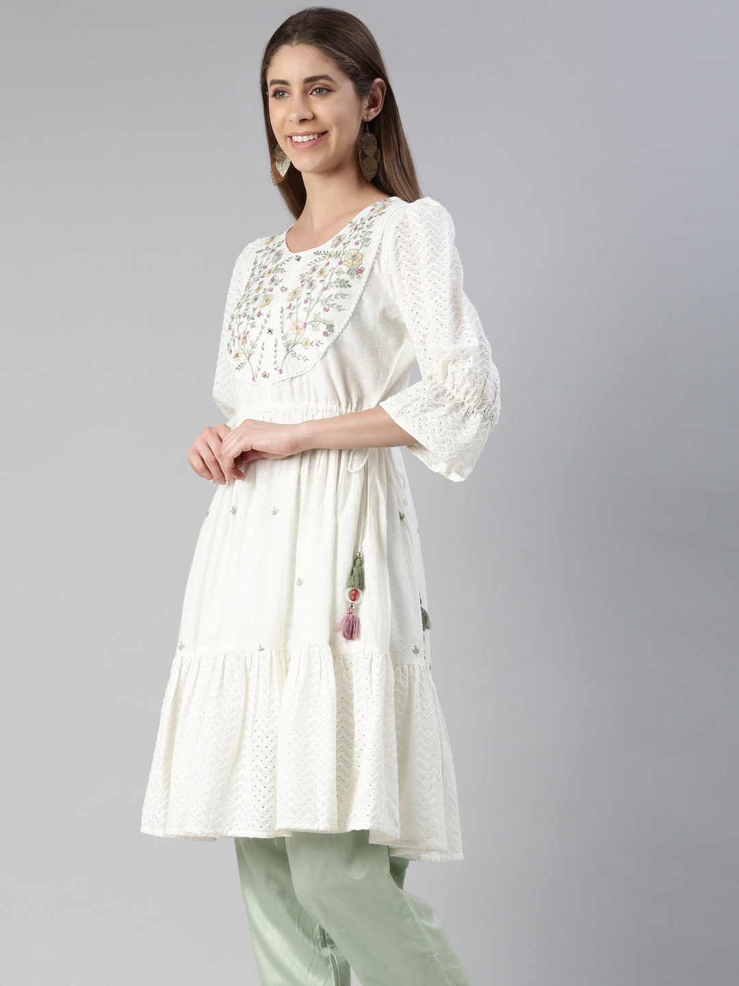 Neerus White cotton embroidered anarkali kurti - back view