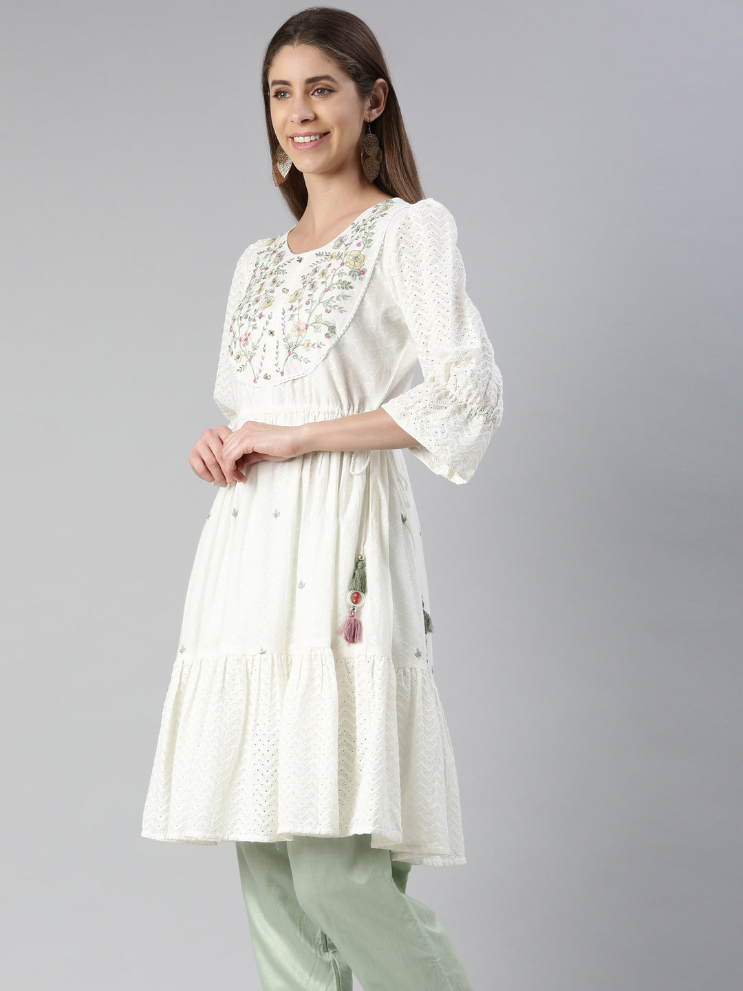 Neeru's Off White Anarkali Embroidered Cotton Kurtas