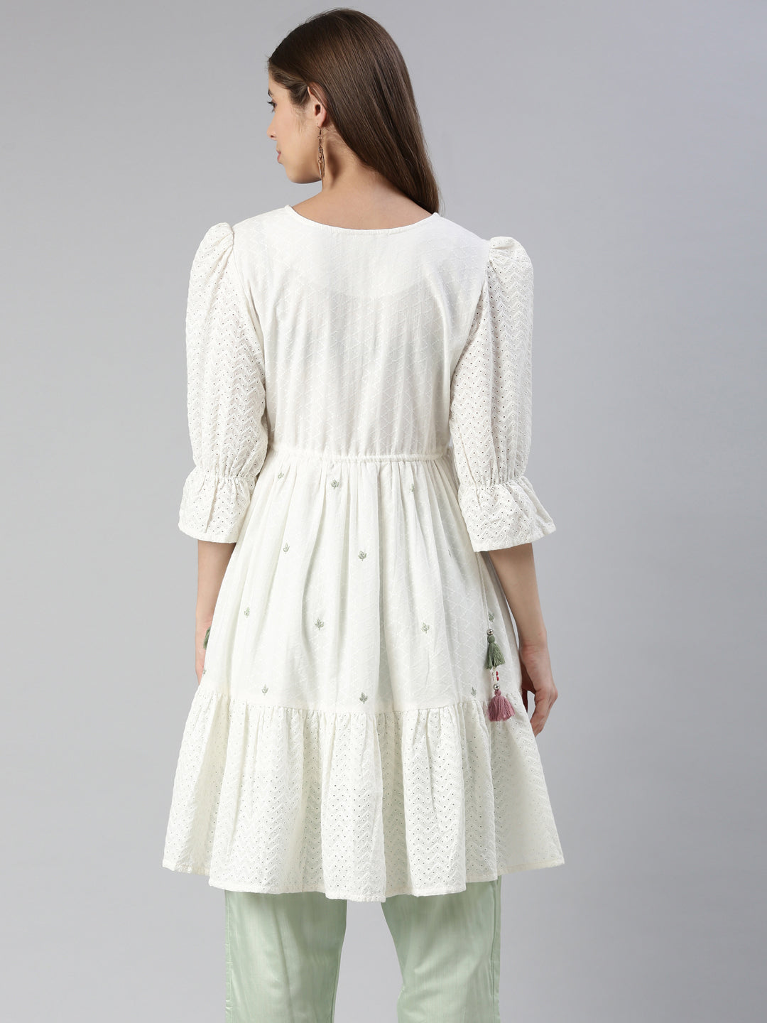 Neerus White cotton embroidered anarkali kurti - side view