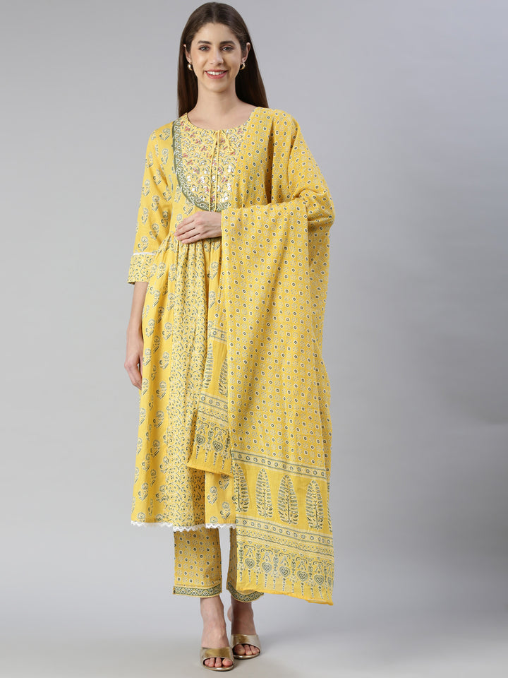 Neerus Yellow printed kurta set with trouser and dupatta - front view