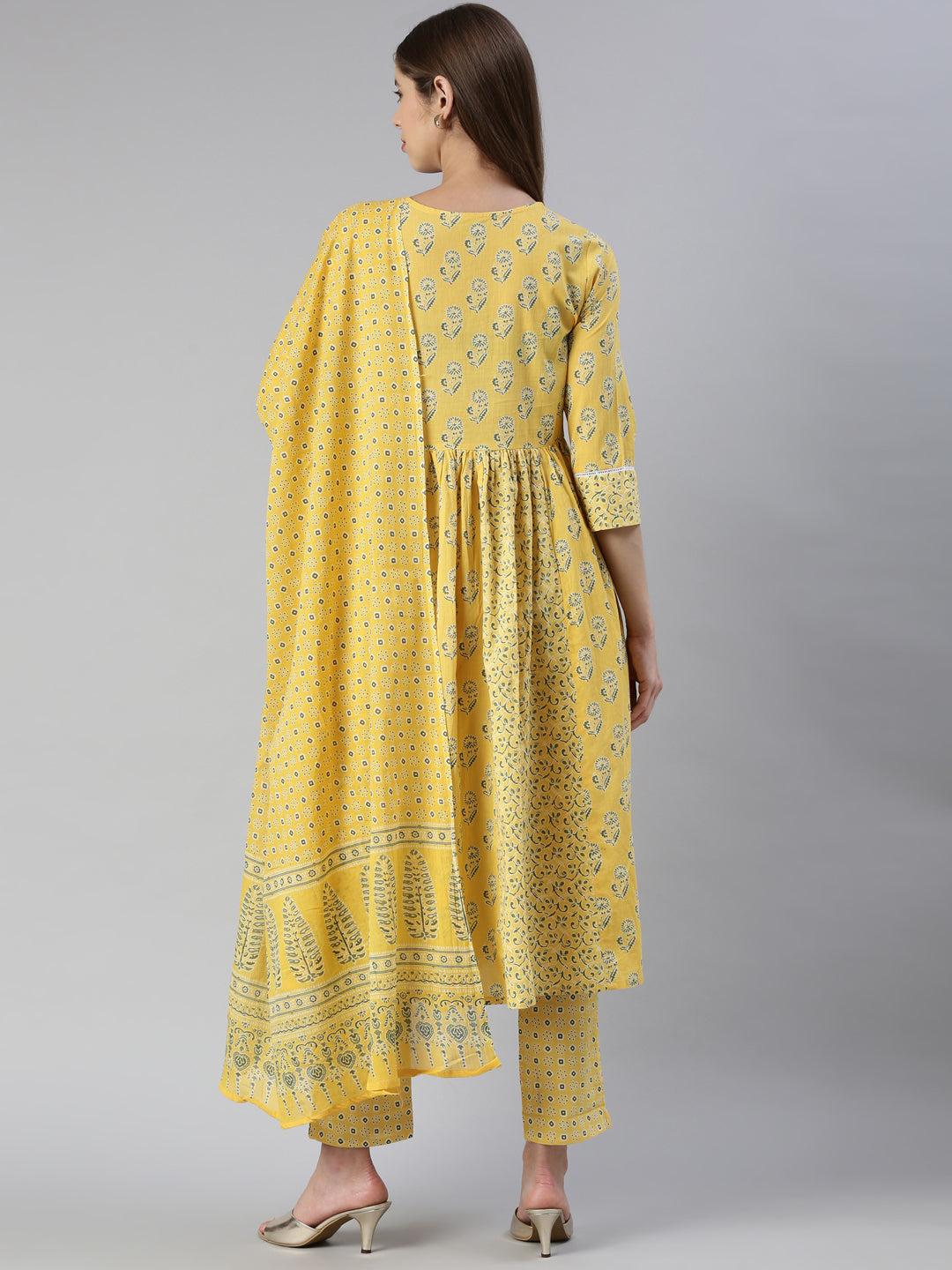 Neerus Yellow printed kurta set with trouser and dupatta - side view