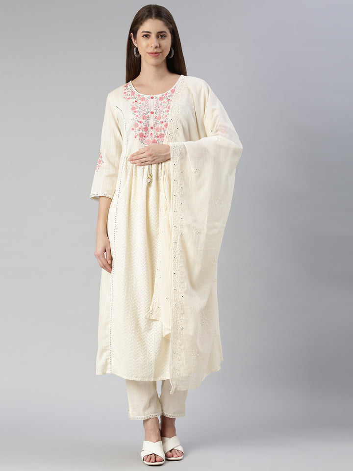 Neerus White embroidered kurta set with trouser and dupatta - front view