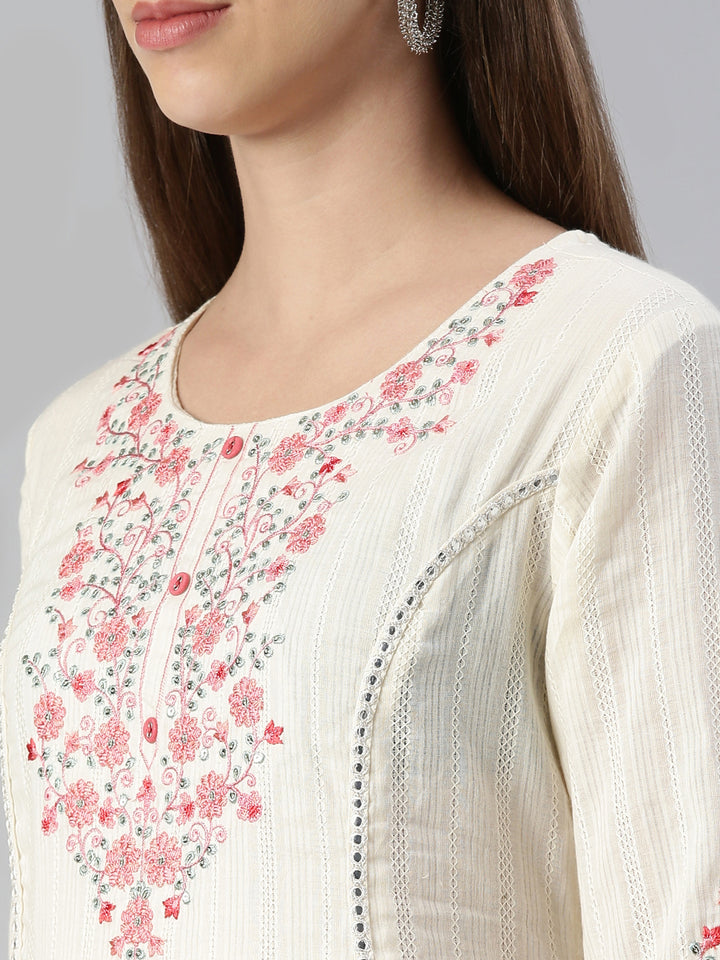 Neerus White embroidered kurta set with trouser and dupatta - detail view 1