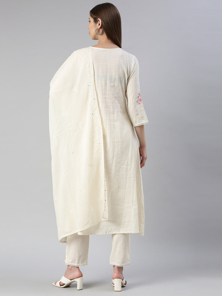 Neerus White embroidered kurta set with trouser and dupatta - side view