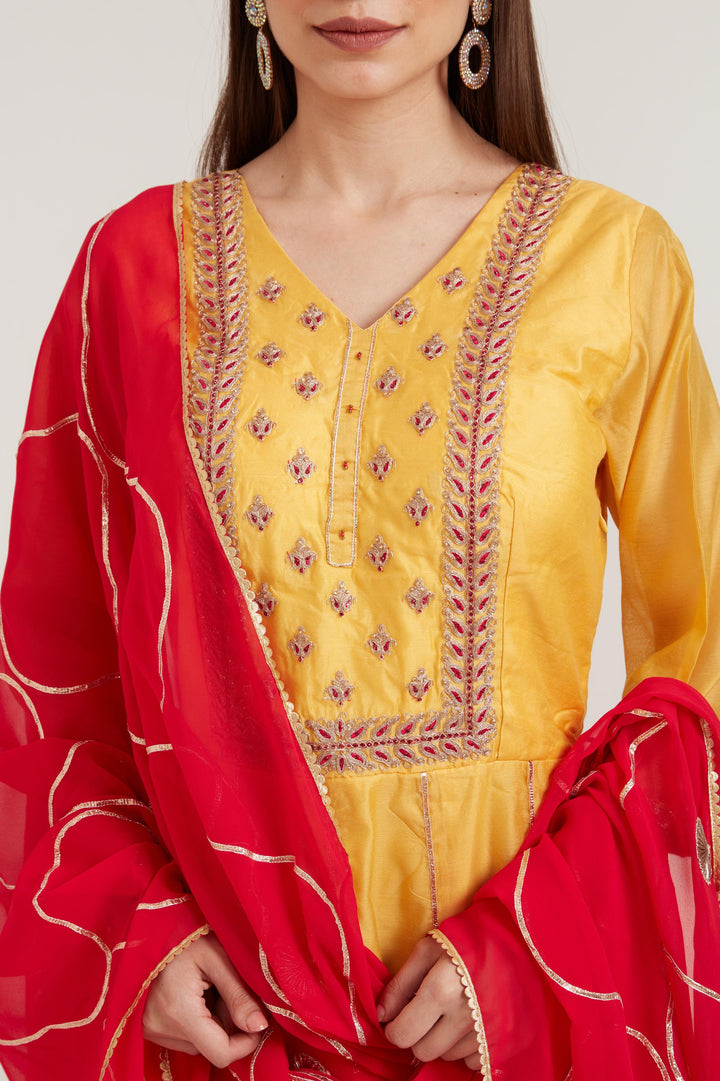 Neerus Yellow Color Chanderi Fabric Anarkali Suit