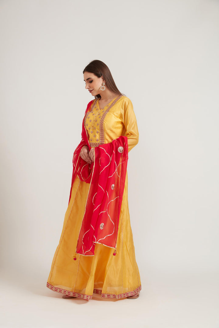 Neerus Yellow Color Chanderi Fabric Anarkali Suit