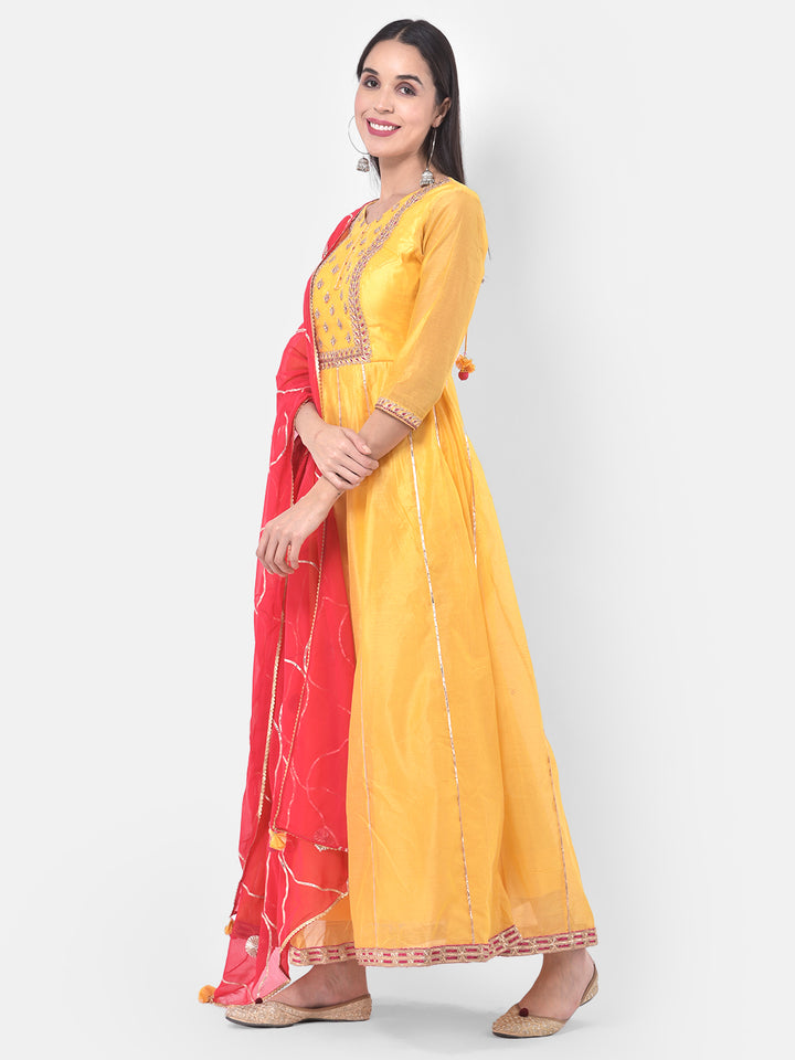 Neerus Yellow Color Chanderi Fabric Anarkali Suit