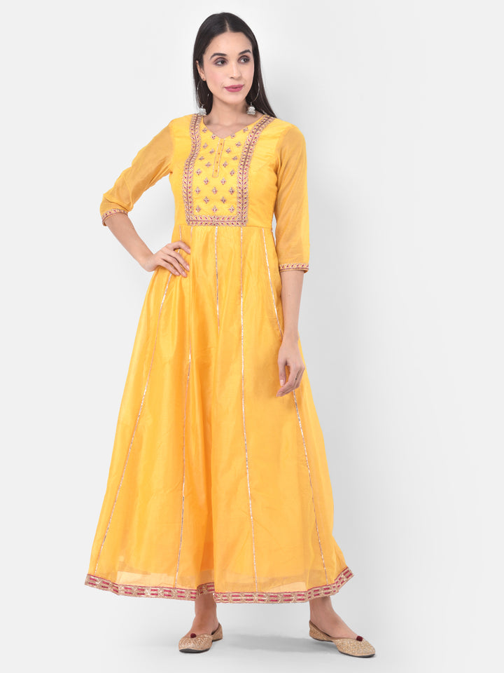 Neerus Yellow Color Chanderi Fabric Anarkali Suit