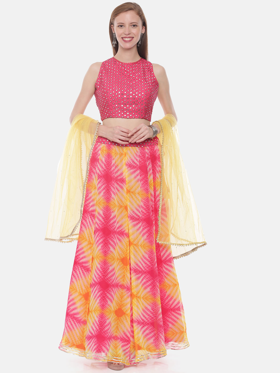 Neerus Pink chiffon flared lehenga set - front view