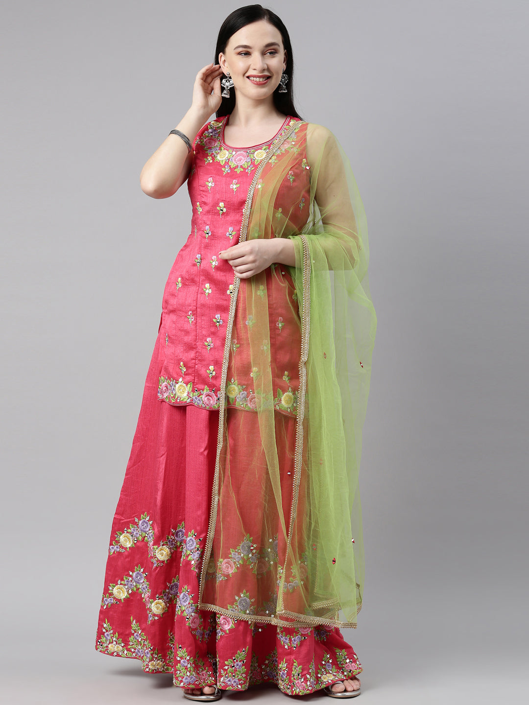 Neerus Pink silk kurta set - front view