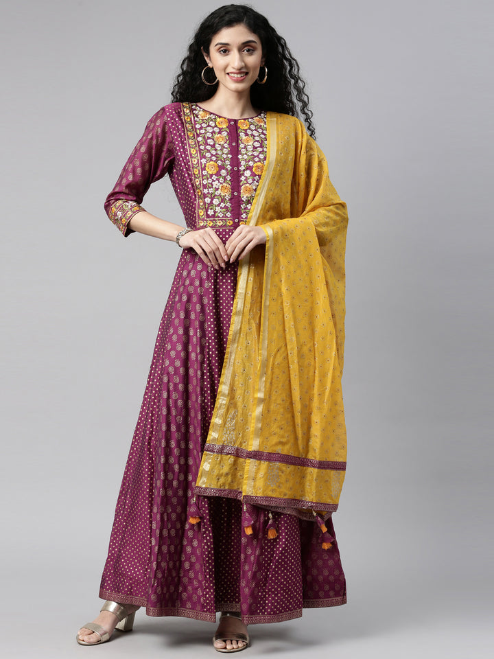 Neerus Purple Color Chanderi Fabric Kurta Set