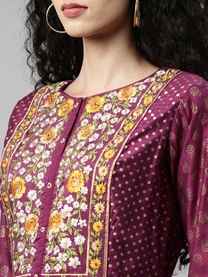 Neerus Purple Color Chanderi Fabric Kurta Set