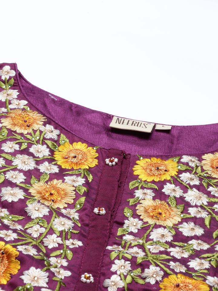 Neerus Purple Color Chanderi Fabric Kurta Set