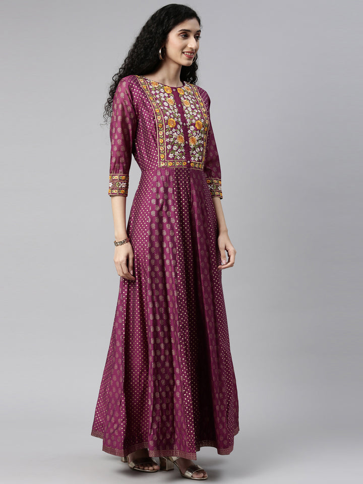 Neerus Purple Color Chanderi Fabric Kurta Set