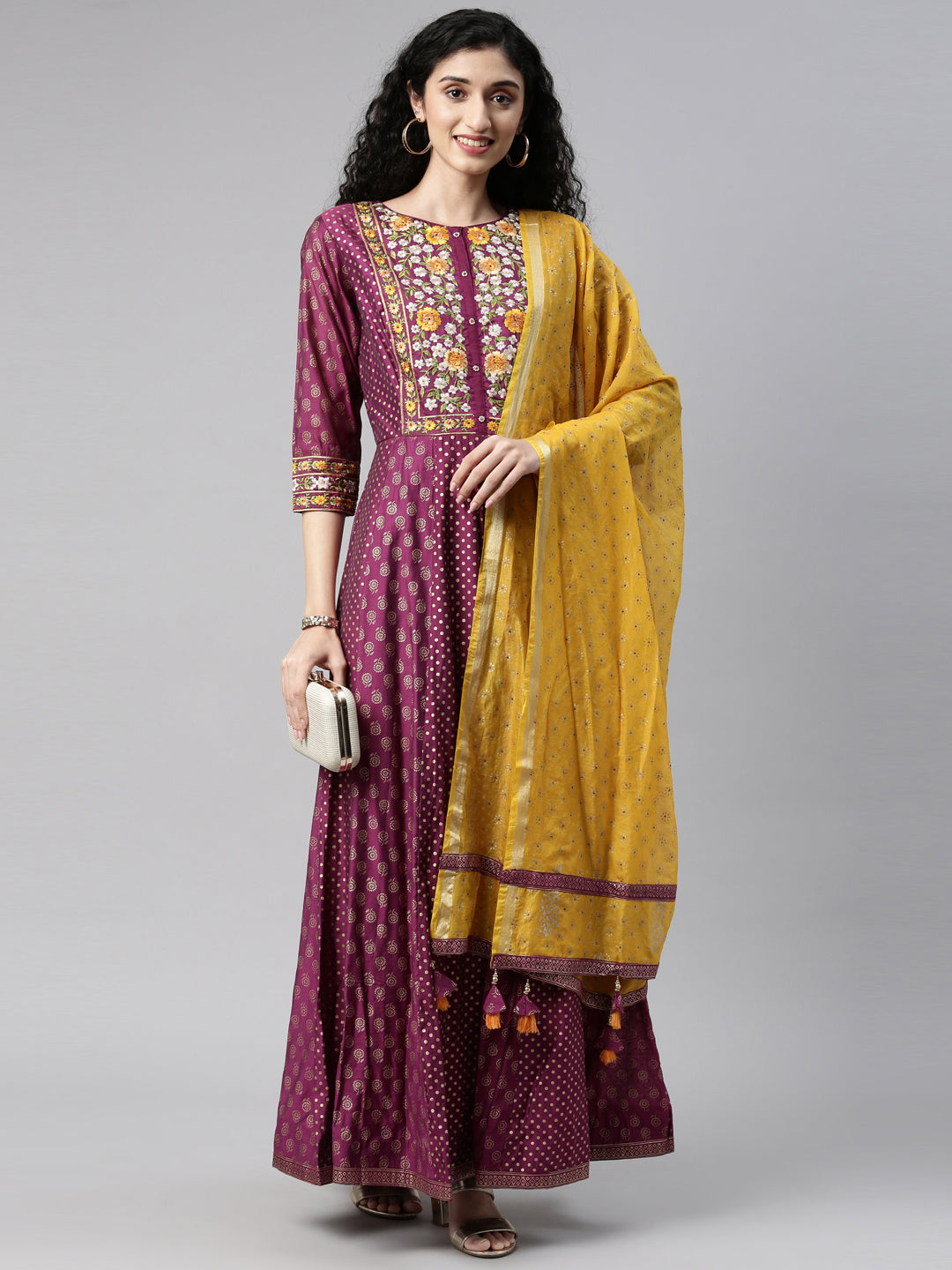 Neeru'S purple color, chanderi fabric kurta set