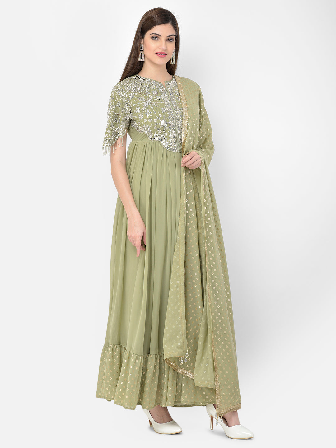 Neeru's pista color, georgette fabric suit-anarkali