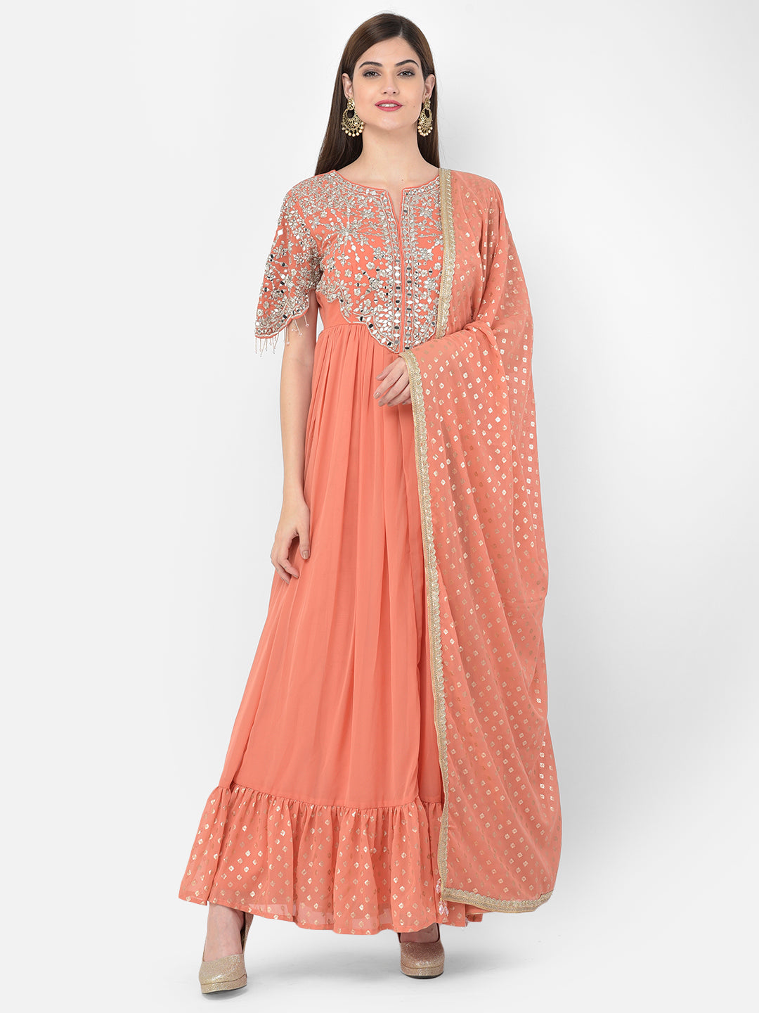 Neerus Orange Georgette Mirror Work Kurta Set - detail view 5