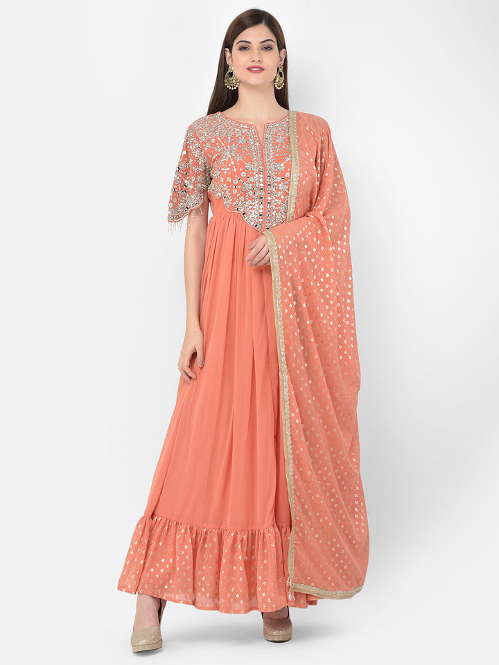 Neerus Orange Georgette Mirror Work Kurta Set - detail view 5