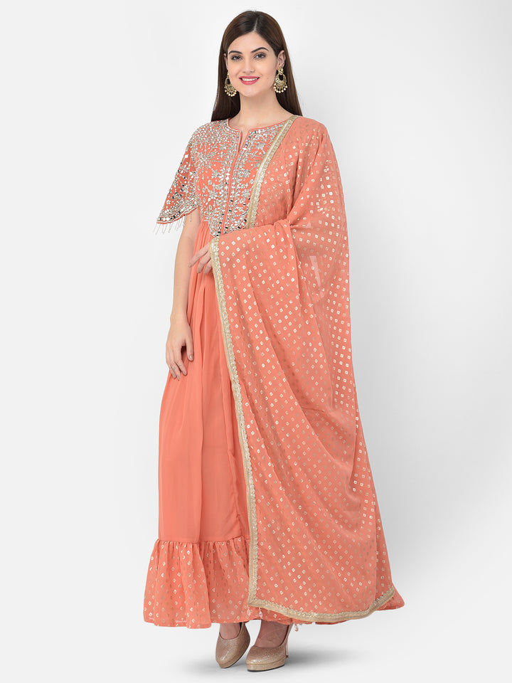 Neerus Orange Georgette Mirror Work Kurta Set - front view
