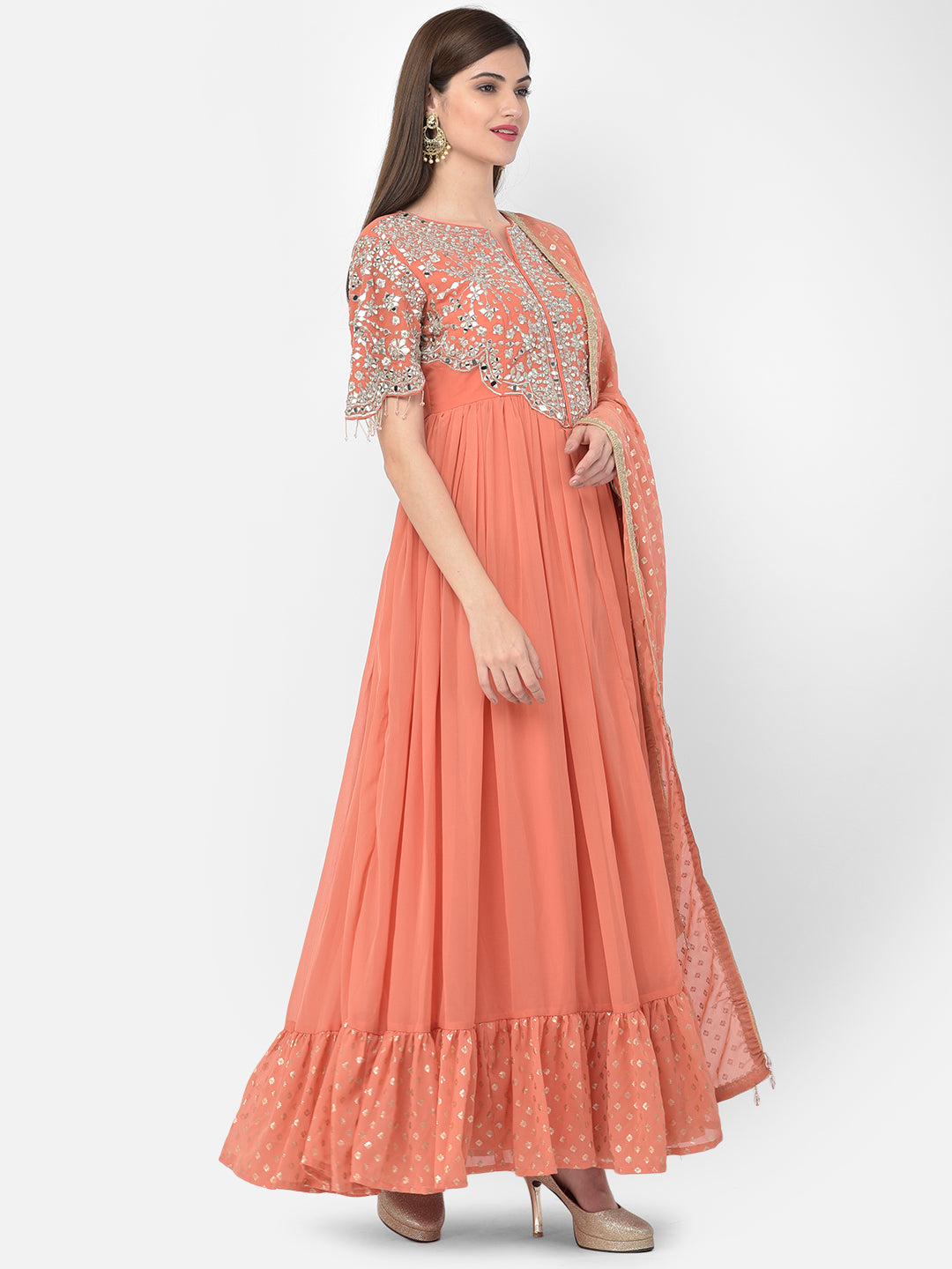 Neerus Orange Georgette Mirror Work Kurta Set - back view