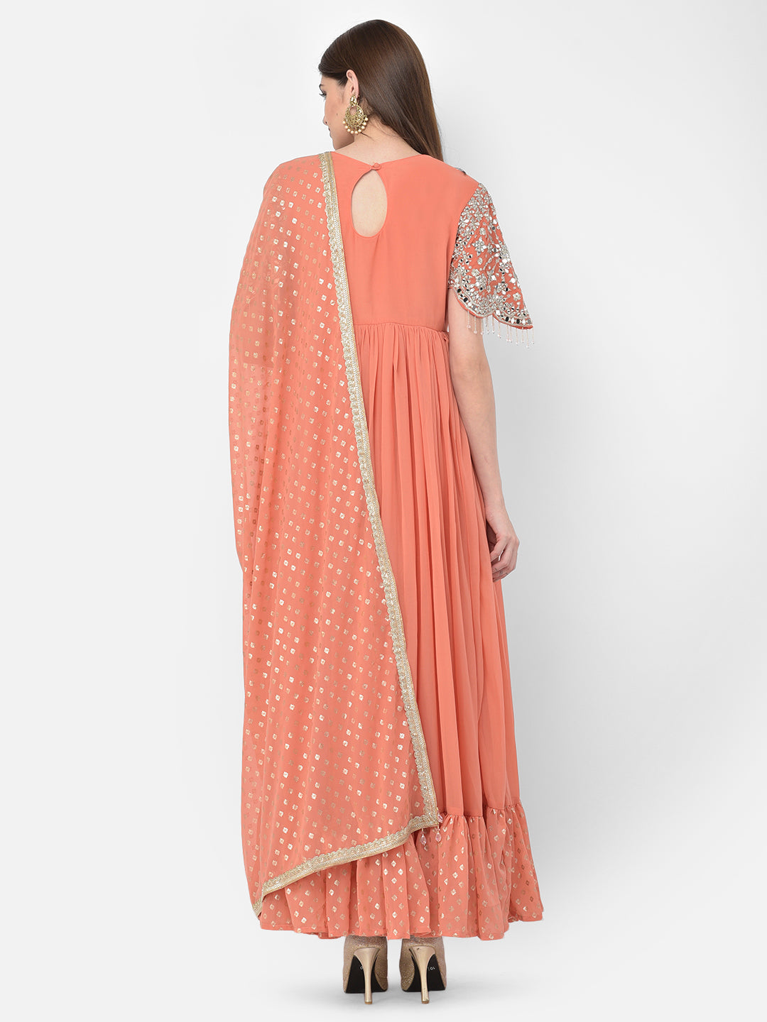 Neerus Orange Georgette Mirror Work Kurta Set - side view