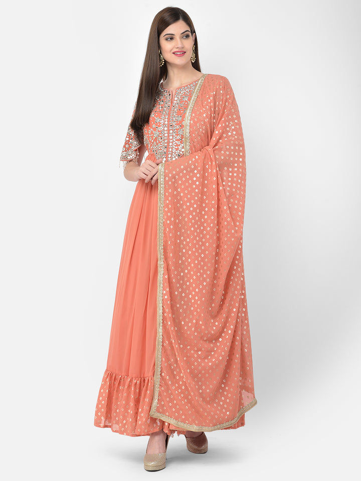 Neerus Orange Georgette Mirror Work Kurta Set - detail view 2