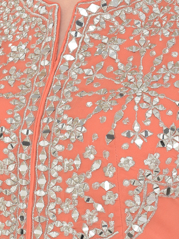 Neerus Orange Georgette Mirror Work Kurta Set - detail view 3