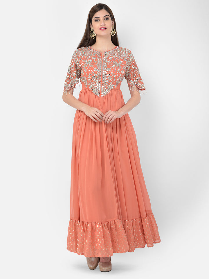 Neerus Orange Georgette Mirror Work Kurta Set - detail view 4