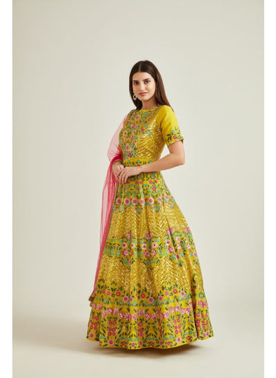 Neeru's Yellow Colour Organza Fabric Gown