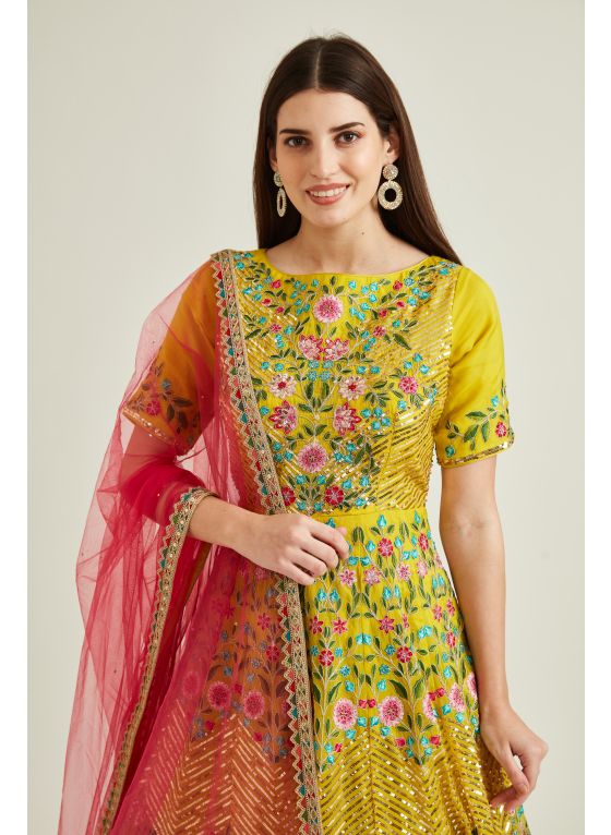 Neeru's Yellow Colour Organza Fabric Gown